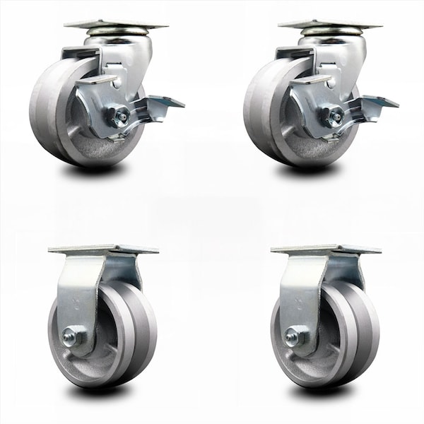 Service Caster 4 Inch V-Groove Semi Steel Caster Set with Roller Bearings 2 Brakes 2 Rigid SCC SCC-20S420-VGR-TLB-2-R-2 - main
